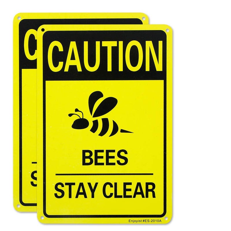 Enjoyist 2 Pack Caution Bees Stay Clear Sign, 10"x 7" .04" Aluminum Reflective Sign Rust Free Aluminum-UV Protected and Weatherproof - Image 1